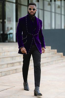 Gustave Handsome Purple Velvet Shawl Lapel Beading Prom Suits
