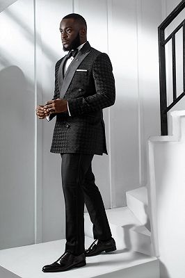 Haley Stylish Black Houndstooth Peaked Lapel Double Breasted Prom Suits_2