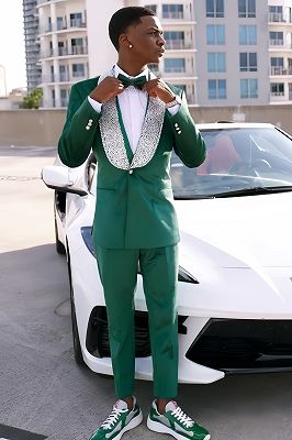 Hugo Dark Green One Button Prom Suits With Beading Shawl Lapel