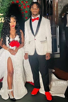 Garrett Modern White Jacquard Shawl Lapel Prom Suits With Beading