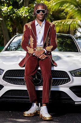 Hyman Handsome Reddish Brown Velvet Notched Lapel Beading Prom Suits