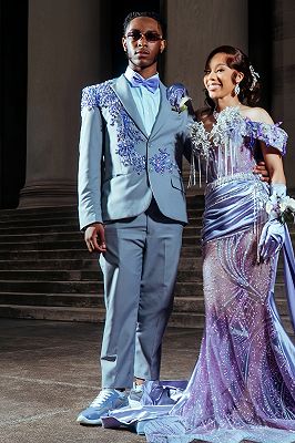 Ira Charming Gray Blue Notched Lapel Beading Prom Suits