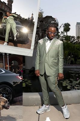 Ivan Gentle Celadon Notched Lapel Appliques Prom Suits With Beading