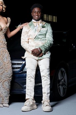 Jared Champagne And Light Green Patchwork Double Breasted Satin Prom Suit