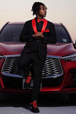 Kent Gentle Black Two Buttons Prom Suits With Red Shawl Lapel