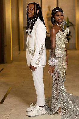 Jonathan Fancy White Notched Lapel Three Pieces Prom Suits With Beading