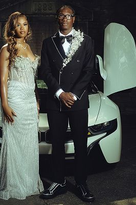 Joshua Special Black Double Breasted Prom Suits With Flowers