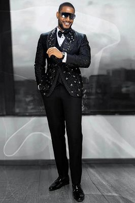 Kim Generous Black Jacquard Three Pieces Prom Suits With Beading