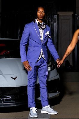 Julius Handsome Blue Notched Lapel One Button Prom Suits With Rhinestones