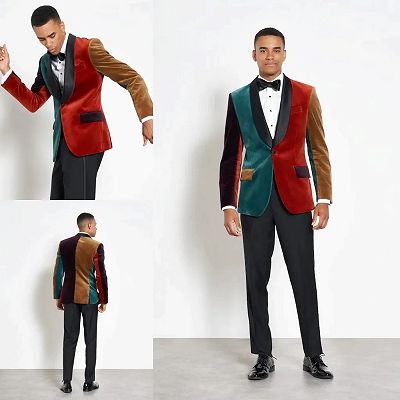 Kerwin Dark Green And Burgundy Patchwork Velvet One Button Prom Suits_3