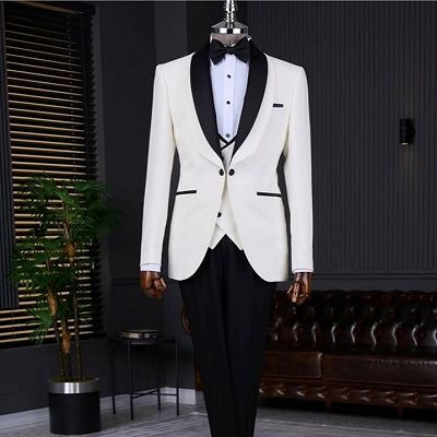 Berg White Three Pieces Wedding Suits With Black Shawl Lapel