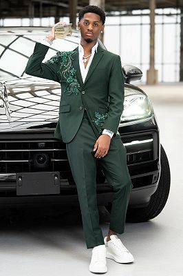 Jensen Generous Dark Green Notched Lapel Prom Suits With Beading