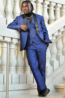 Kerr Generous Navy Jacquard Three Pieces Prom Suits With Satin Lapel