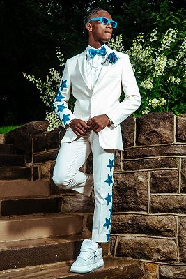 Ingram Special White Notched Lapel Prom Suits With Star Appliques