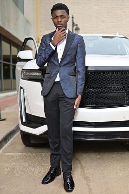 Jordan Fashion Dark Navy Jacquard Peaked Lapel One Button Prom Suits