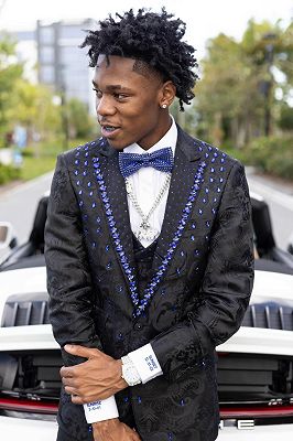 Justin Stylish Black Jacquard Peaked Lapel Three Pieces Prom Suits With Beading_5