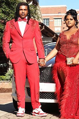 James Chic Red Notched Lapel Prom Suits With Red Beading