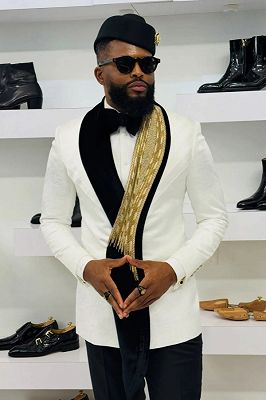 Khalid Simple White Two Pieces Prom Suits With Beading Shawl Lapel