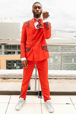 Isaac Fashion Red Peaked Lapel Double Breasted Prom Suits With Beading_4