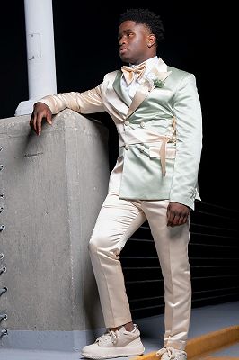 Jared Champagne And Light Green Patchwork Double Breasted Satin Prom Suit