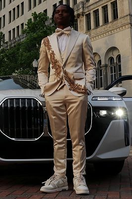 John Charming Champagne Satin Peaked Lapel Three Pieces Prom Suits With Beading