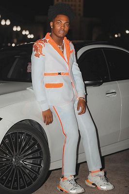 Kenneth Modern White Prom Suits With Orange Notched Lapel And Beading