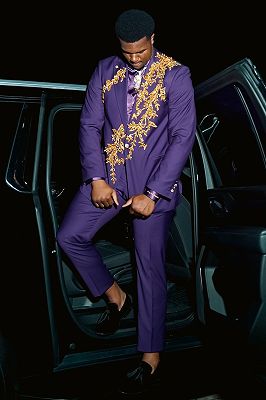 Jean Fancy Purple Peaked Lapel One Button Beading Prom Suits
