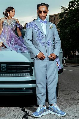 Ira Charming Gray Blue Notched Lapel Beading Prom Suits