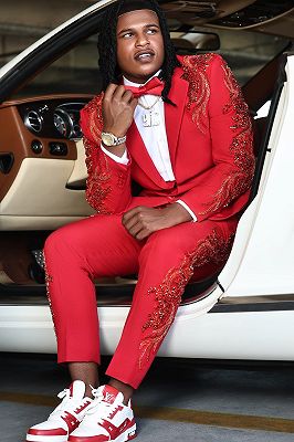 James Chic Red Notched Lapel Prom Suits With Red Beading