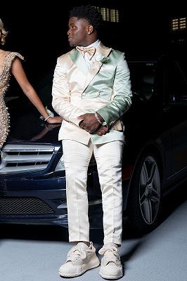 Jared Champagne And Light Green Patchwork Double Breasted Satin Prom Suit_4