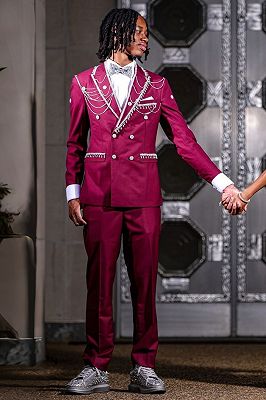 Keith Special Burgundy Peaked Lapel Double Breasted Prom Suits With Tassel