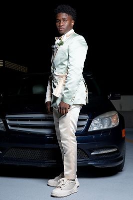 Jared Champagne And Light Green Patchwork Double Breasted Satin Prom Suit_3