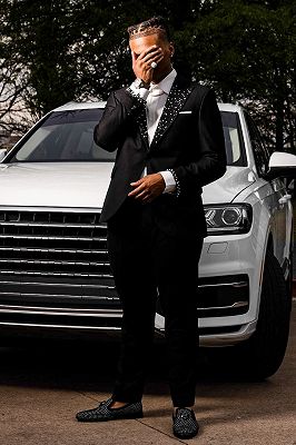 Joseph Gentle Black One Button Prom Suits With Beading Peaked Lapel