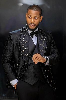 Kim Generous Black Jacquard Three Pieces Prom Suits With Beading