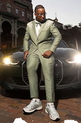 Ivan Gentle Celadon Notched Lapel Appliques Prom Suits With Beading