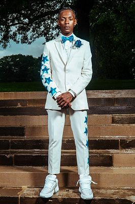 Ingram Special White Notched Lapel Prom Suits With Star Appliques