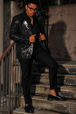 Johnson Mind Black Jacquard One Button Shawl Lapel Prom Suits