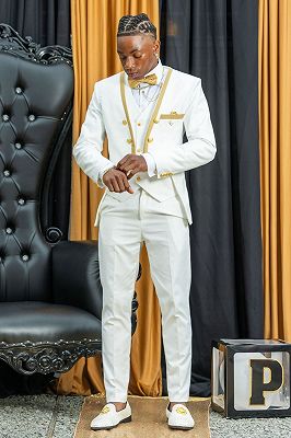 Jacky Bespoke White Three Pieces Golden Buttons Prom Suits