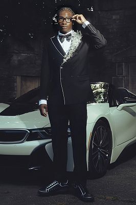 Joshua Special Black Double Breasted Prom Suits With Flowers