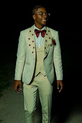 Jack Stylish Light Green Jacquard Three Pieces Prom Suits With Star Appliques