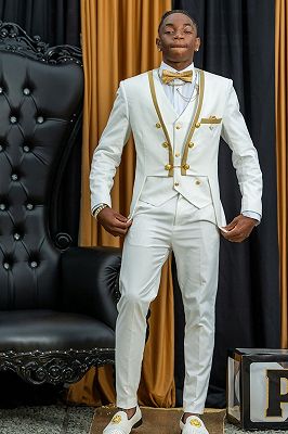 Jacky Bespoke White Three Pieces Golden Buttons Prom Suits