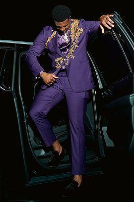 Jean Fancy Purple Peaked Lapel One Button Beading Prom Suits