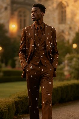 Lambert Elegant Brown Peaked Lapel Three Pieces Prom Suits With Beading