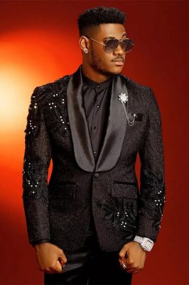 Kirk Bespoke Black Jacquard One Button Prom Suits With Beading