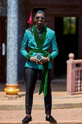 Klein Chic Teal Two Pieces Long Sash Prom Suits With Velvet Shawl Lapel