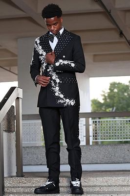 Kyle Decent Black Peaked Lapel Double Breasted Beading Prom Suits With Lace Appliques_2