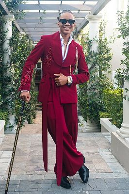 Knight Classic Burgundy Shawl Lapel Long Sash Prom Suits With Beading
