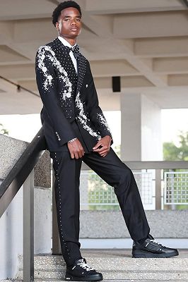Kyle Decent Black Peaked Lapel Double Breasted Beading Prom Suits With Lace Appliques
