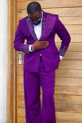 Kris Fancy Purple Peaked Lapel Long Sash Prom Suits With Crystal