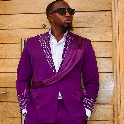 Kris Fancy Purple Peaked Lapel Long Sash Prom Suits With Crystal_2